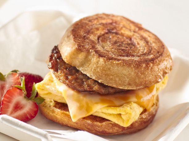 Sausage, Egg and Cheese Cinnamon Roll French Toast Sandwiches